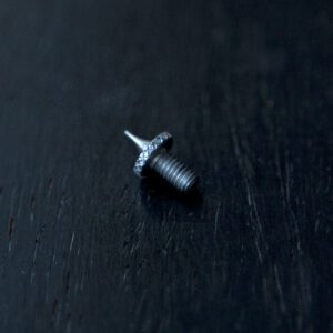 A small screw sitting on top of a black surface.